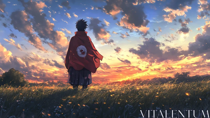 Solitary cloaked figure observes illuminated grassland sunset