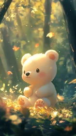 Backlit white plush bear in dappled forest bokeh light study