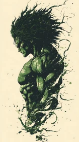 Green muscular warrior dissolves into expressive ink splashes