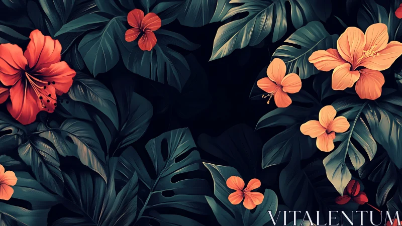 Tropical Hibiscus Floral Composition Dark Background