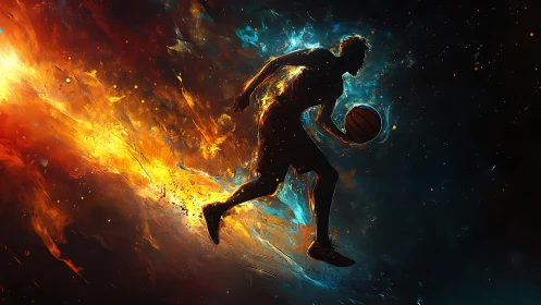 Silhouetted basketball player in fiery blue abstract motion.