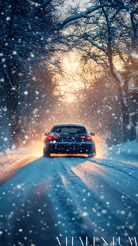 Snowlit sedan on a winter forest road at glowing sunset.