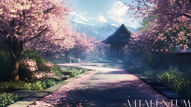 3D sakura garden path with temple and alpine backdrop.