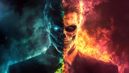 Dual inferno wraith portrait split by fire and frost energy.