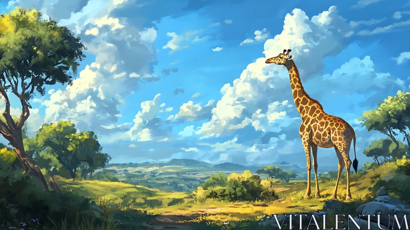 Giraffe standing in sunlit savanna under clouded sky.