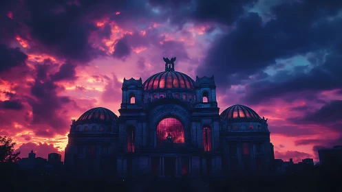 Historic domed palace under vivid magenta storm sky.