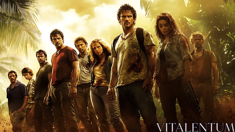 Survival drama ensemble in tropical jungle at golden hour light