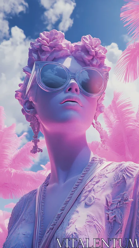 Surreal neon portrait under pink palms and summer sky.