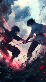 Samurai duel framed by storm-lit sky and scarlet embers.