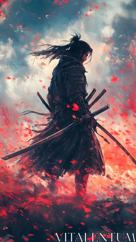 Solitary armored samurai in red petal storm, dynamic backlight