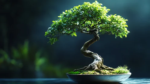 Whispering bonsai duet curves in tranquil emerald light.