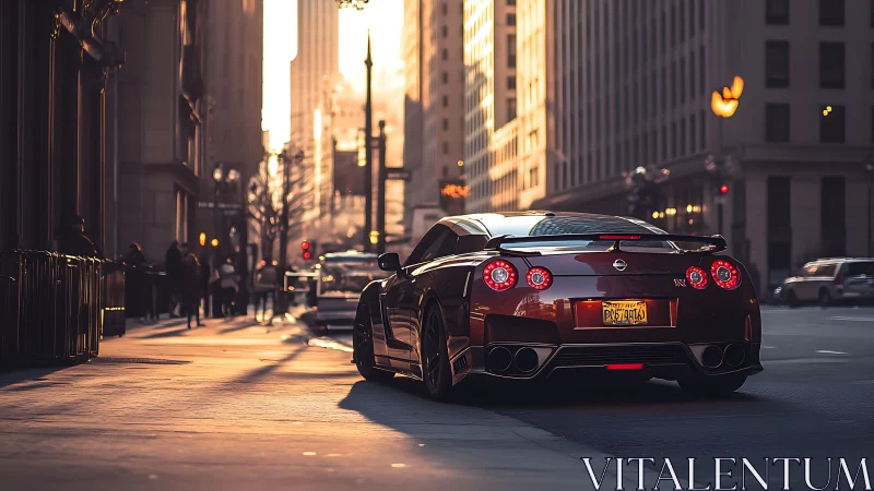 Sunlit sports car glides through downtown streets at dusk.