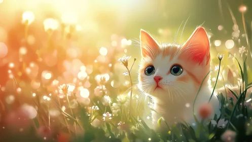 White and ginger kitten rendered in volumetric illumination among flowering botanical elements.