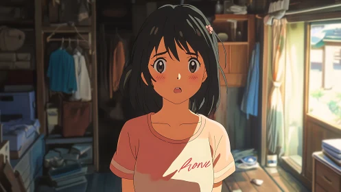 Surprised anime girl stands in a softly sunlit bedroom