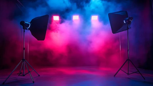 Neon haze floods a studio stage of lights, smoke, and mystery.