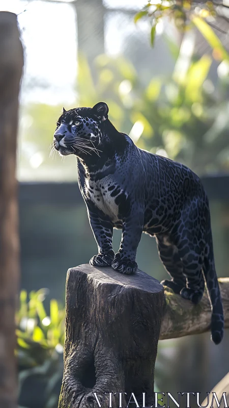 Black Jaguar Perched on Log in Natural Habitat