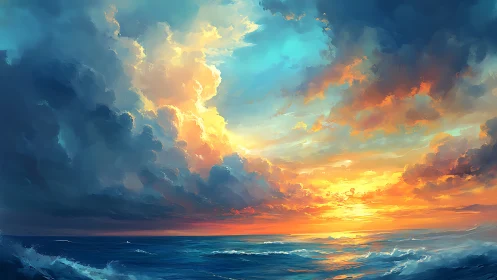 Digital seascape sunset with dramatic atmospheric cloud masses.