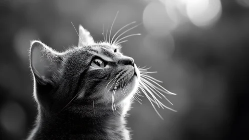 Cat gazing upward in contemplative black and white portrait