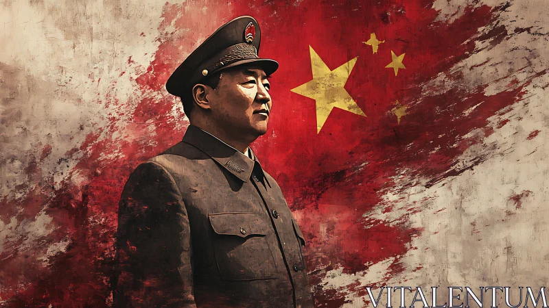 Military officer portrait against stylized China flag backdrop.