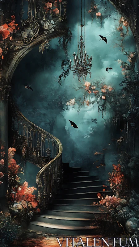 Enchanted spiral staircase ascends through a twilight garden.