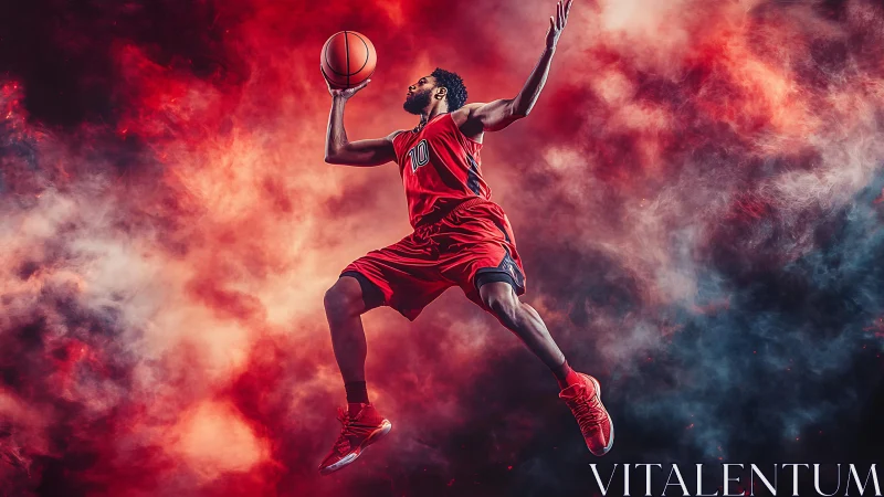 Dynamic basketball player leaping through red smoky sky.