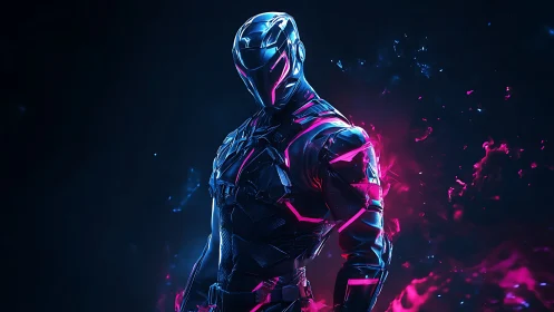 Cybernetic warrior ignites neon armor with electric energy.