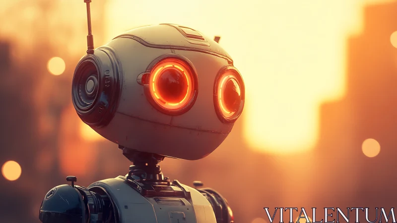 3D robotic portrait with glowing optics in sunset bokeh field.