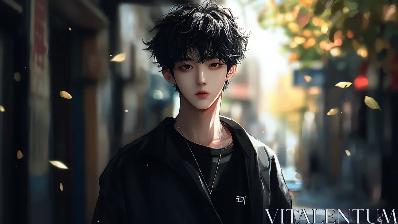 Dark haired youth walks sunlit autumn city street
