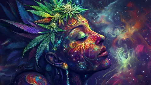 Psychedelic goddess portrait crowned with neon cannabis leaves.