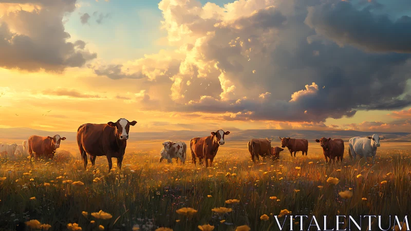 Sunlit cattle herd in wildflower meadow under storm clouds