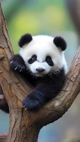 Baby panda resting on a tree branch in soft forest light.