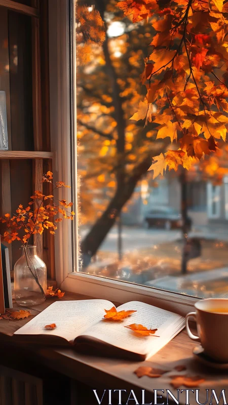 Autumn reading nook glows beside window with golden leaves.