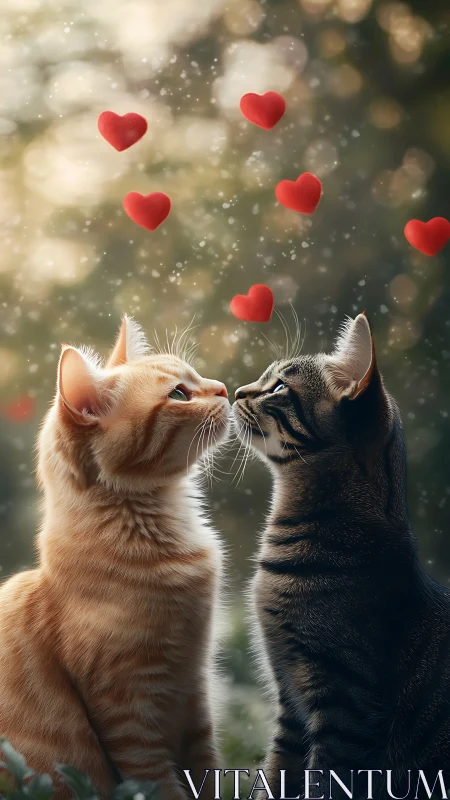 Two Cats with Floating Red Hearts in Dreamlike Bokeh Atmosphere