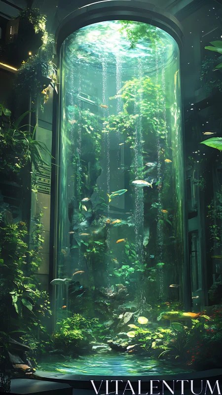 Cylindrical biotope aquarium in high-tech atrium enclosure.