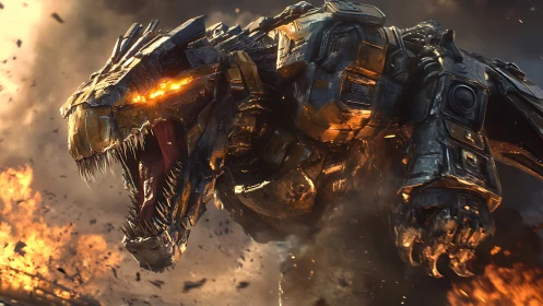 Mechanical dragon in explosive battlefield environment.