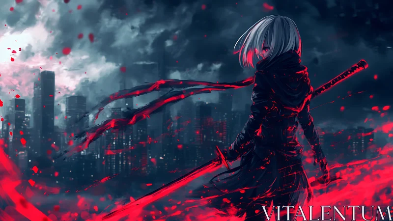 Hooded swordsman in red-lit cityscape under storm clouds.