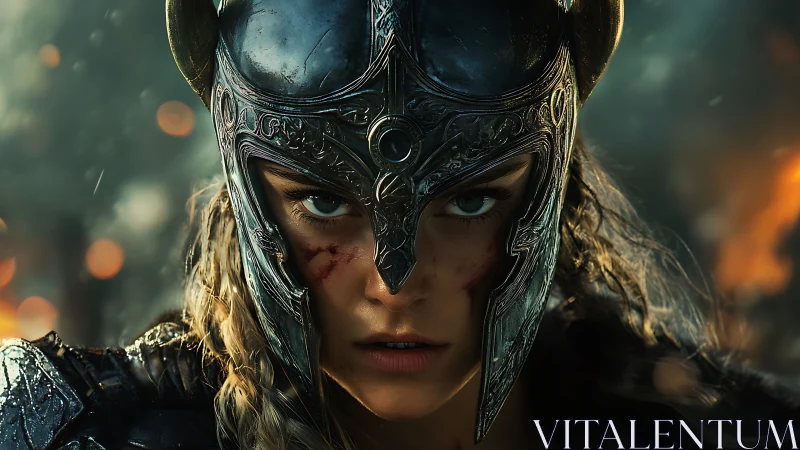 Fierce warrior in ornate helm holds steady in fiery battle