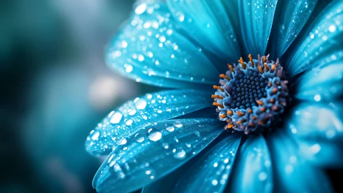 Turquoise Daisy Adorned with Dewdrops in Ethereal Focus.