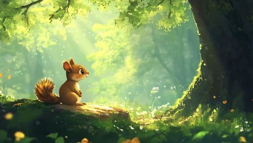 Small squirrel watches sunlit forest clearing in spring