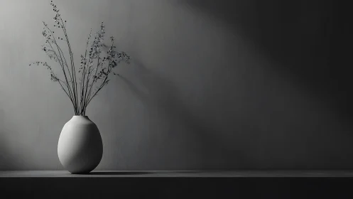 Minimalist still life with matte ceramic vase and branches.