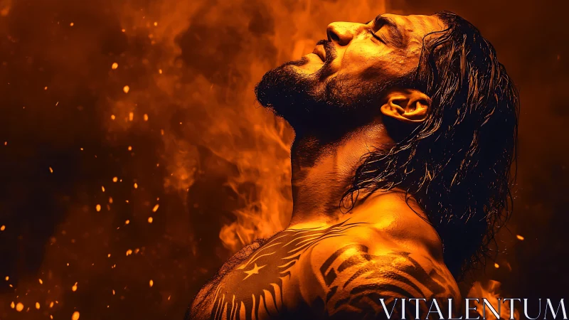 Muscular man with tribal tattoos stands in rising orange flames