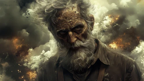 Elderly bearded man stands before dense explosive smoke clouds