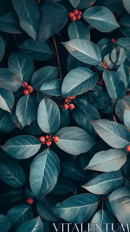 Teal-toned elliptical foliage with clustered red berries in macro