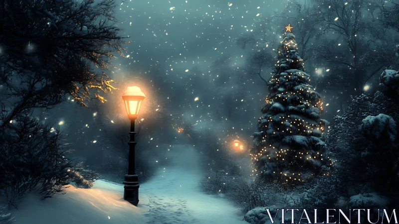 Snowy night path with lit streetlamp and Christmas tree.