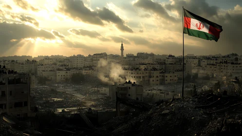 Photorealistic war-torn cityscape with Iranian flag symbolism.