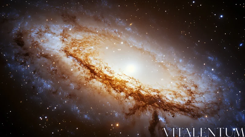 Spiral galaxy blazes with molten starlight and dust rivers.
