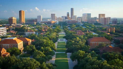 Sunlit campus greenway opening toward a welcoming skyline.