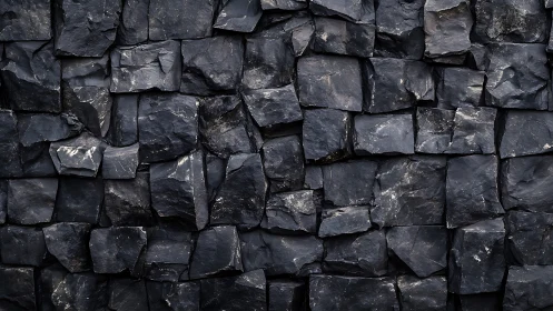 Close-up basalt masonry wall with rough fractured stone texture