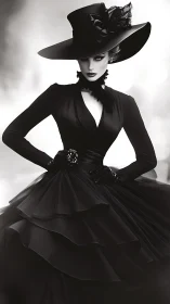 Elegant woman in noir gown and hat commands the scene.