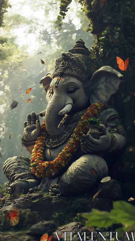Stone Ganesh statue in forest setting with butterflies present.